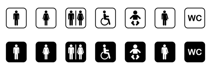 Wall Mural - Set of Toilet Silhouette Icon. Collection of Symbols Restroom. Mother and Baby Room. Sign of Washroom for Male, Female, Transgender, Disabled. WC Sign on Door for Public Toilet. Vector Illustration