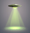 UFO spaceship with yellow light beam isolated on grey background. Vector illustration