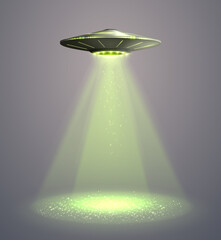 ufo spaceship with yellow light beam isolated on grey background. vector illustration