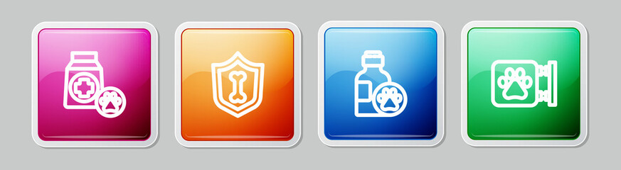 Sticker - Set line Bag of food, Animal health insurance, Pet shampoo and Veterinary clinic. Colorful square button. Vector