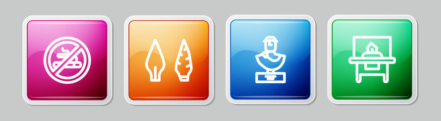 Sticker - Set line No Smoking, Stone age arrow head, Ancient bust sculpture and Glass showcase for exhibit. Colorful square button. Vector