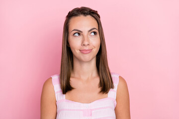 Wall Mural - Photo of young attractive girl dreamy wondered plan look empty space isolated over pink color background