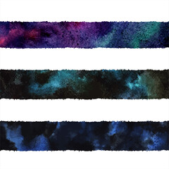 Wall Mural - Colorful watercolor wide stripes, long rectangle banner shapes, streaks. Black, emerald, dark blue, purple watercolour stains textures. Borders, text frames, hand drawn backgrounds with rough edges.