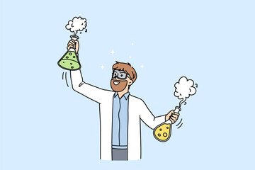 Wall Mural - male scientist in medical uniform hold test tubes make discovery in lab. man chemical worker do expe