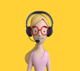 Call center staff talking and provide services to customers via headphones and microphone cable. Call center, customer support, telemarketing agents. Trendy 3d illustration.