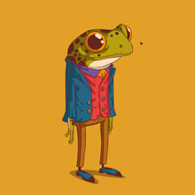 Sketch Drawn Vector Illustration Of Humanized Frog. Anthropomorphic Frog. Trendy Animal Character With Human Body. Cheerful Frog Gentleman Wearing A Costume And Retro Shoes Standing In Full Growth