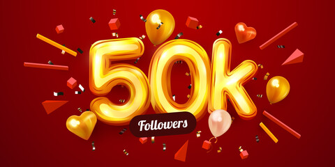 Canvas Print - 50k or 50000 followers thank you. Golden numbers, confetti and balloons. Social Network friends, followers, Web users. Subscribers, followers or likes celebration.