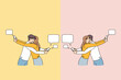 Couple hug text message on cellphone cheating online. Man and woman lovers embrace have communication on internet on smartphone. Social media, relations. Flat vector illustration. 