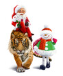 Santa Claus riding a tiger and his assistant the Snowman