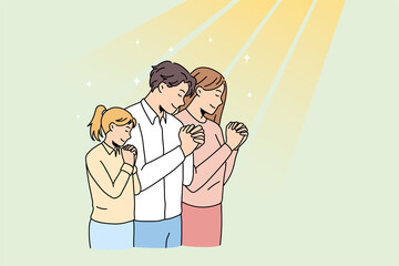 Young family with child keep hands in prayer have religious superstitious time in church. Parents with small kid pray to God in chapel. Worship and religion. Faith concept. Flat vector illustration. 