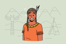 Native American Indian Woman In Traditional National Clothes. Smiling Young Indigenous Girl With Feather In Hair Wear Ethnic Clothing. Culture And Diversity. Flat Vector Illustration. 