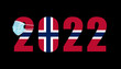 2022 with flag of Norway and medical mask for protection against covid on black background