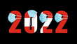 2022 with flag of Switzerland and medical mask for protection against covid on black background