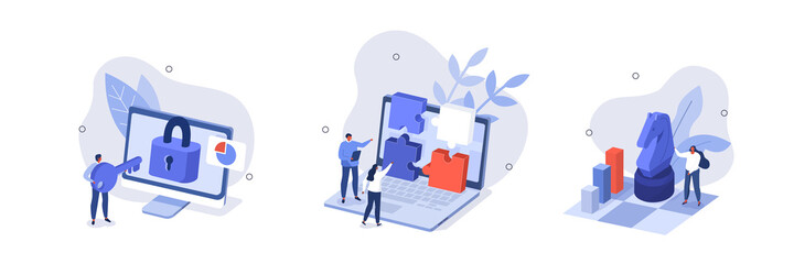 Wall Mural - business solutions illustration set. characters assembling jigsaw puzzle, moving chess figure, openi