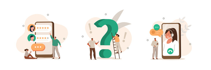 Wall Mural - customer support illustration set. characters asking a questions, receiving answers from helpdesk op