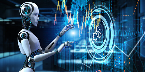 Gears Business industrial process workflow robotic automation RPA. Robot pressing button on screen 3d render