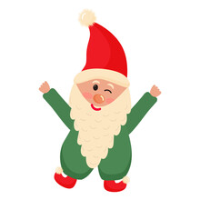 Cute Gnome In Overalls And Santa Hat Is Winking. Winter Character.