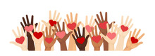 Volunteers Holding Hearts In Palms. Multiethnic Diverse People Hands Give And Share Love Concept. Support And Social Help Isolated Vector Illustration
