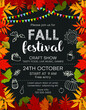 Fall festival announcing poster template with autumn foliage and bunting flags and food icons. Invitation with customized text for seasonal craft show or market flyer. 