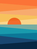 Fototapeta Zachód słońca - Abstract illustration of colorful (yellow, orange, blue, turquoise) sunrise by the sea with diagonal lines and sun decoration