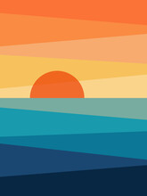 Abstract Illustration Of Colorful (yellow, Orange, Blue, Turquoise) Sunrise By The Sea With Diagonal Lines And Sun Decoration
