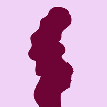 Pregnant Girl. Red Silhouette. Woman With Long Hair And In A Dress. The Joy Of Motherhood. Waiting For The Birth Of A Child. Simple Flat Color Vector Illustration.