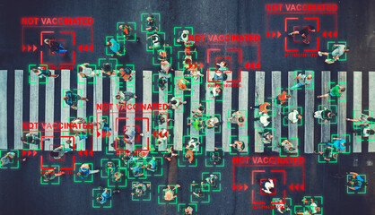 Vaccination control using artificial intelligence concept with people passing crosswalk. People marked in green are vaccinated. People marked in red are not vaccinated. Top view from drone.