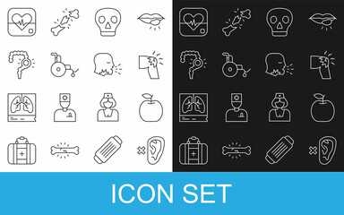 Set line Deaf, Apple, Joint pain, knee pain, Skull, Wheelchair, Gut constipation, Heart rate and Man coughing icon. Vector