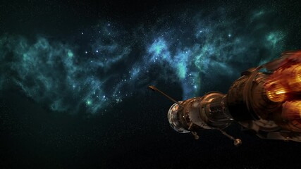 a near future looking space ship passes by camera and off into space