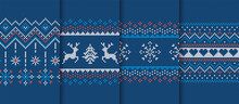 Christmas Knit Prints. Seamless Pattern. Blue Knitted Border. Sweater Ugly Texture. Fair Isle Traditional Backgrounds. Set Holiday Ornaments. Festive Crochet. Wool Pullover Frame. Vector Illustration
