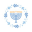 Hanukkah floral wreath with menorah vector illustration. Jewish holiday Chanukah. Hand-drawn festive party decoration. Hanuka greeting card with a traditional symbol.