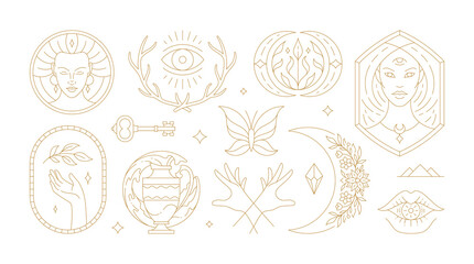 Wall Mural - magic woman boho vector illustrations of graceful feminine women and esoteric symbols set