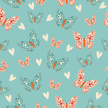 Cute Seamless Pattern Of Butterflies And Hearts. Vector Illustration.