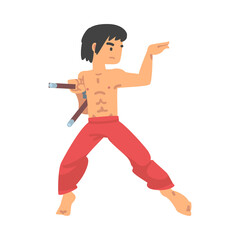 Sticker - Man Character with Nunchaku Engaged in Combat Karate Sport or Fighting Sport Competing Vector Illustration