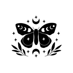 Wall Mural - Boho celestial butterfly vector illustration. Mystical luna moth with moon phases. Magic insect on white background. Esoteric alchemy symbol. Design for poster, card, t shirt print, tattoo.