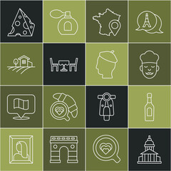 set line museum building, champagne bottle, cook, map of france, french cafe, village landscape, che