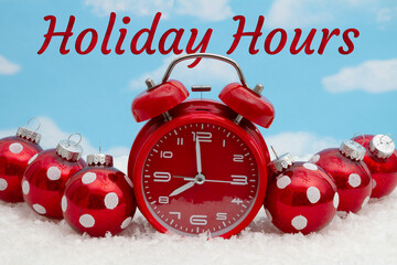 Wall Mural - Holiday Hours message with red alarm clock, ornaments, and snow