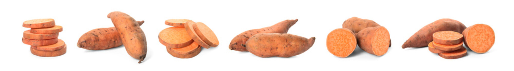 Set with fresh sweet potatoes on white background. Banner design