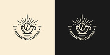 Coffee With Sunrise. Coffee Morning, Coffee Cafe Logo Illustration Design Template