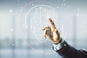 Wall Mural - man hand working with virtual creative artificial intelligence hologram with human brain sketch on b