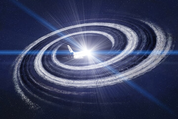 Wall Mural - journey into the black hole. space shuttle flies straight into black holes singularity with lens fla