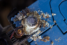 Close Up Battery Terminals Corrode Dirty Damaged Problem, Old Battery Corrosion Deteriorate Leaking With Blue Acid Powder. Service Work By Professional Technicians Concept.