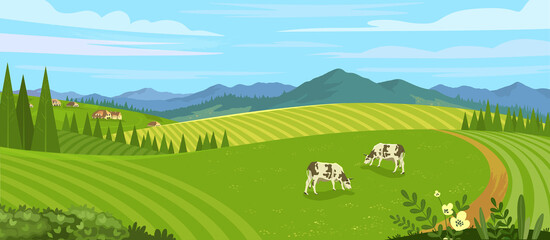 Rural landscape with field, trees, grass and cows. Ecologically clean area with blue sky and clouds. Village in the summer. Vector stock flat style illustration or background for eco products, banner.