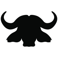 Head of African buffalo. Syncerus caffer. Animal mask. Horned bull. Black silhouette on white background.