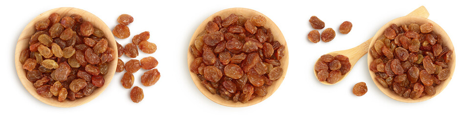 Wall Mural - Brown raisin isolated on white background with clipping path. Top view. Flat lay. Set or collection