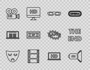 Sticker - Set line Drama theatrical mask, 3D cinema glasses, Play Video, Cinema camera, VHS video cassette tape, Laptop screen with HD technology and The End handwritten inscription icon. Vector