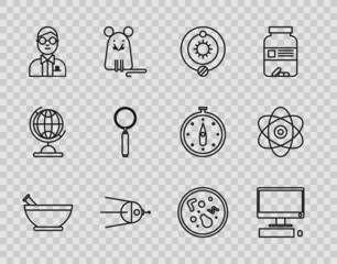 Sticker - Set line Mortar and pestle, Computer monitor with keyboard mouse, Solar system, Satellite, Scientist, Magnifying glass, Bacteria and Atom icon. Vector