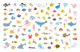Fototapeta Pokój dzieciecy - Vector collection of cute cartoon marine animals. Characters for children's books, cards, stickers, prints. Illustrations for kids.