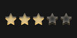 Trzy żółte gwiazdki. Szklane gwiazdki wskazujące ocenę, recenzja produktu. Osiągnięcia w grze. Koncepcja oceny od klienta na temat pracownika albo strony internetowej. Do aplikacji mobilnych.