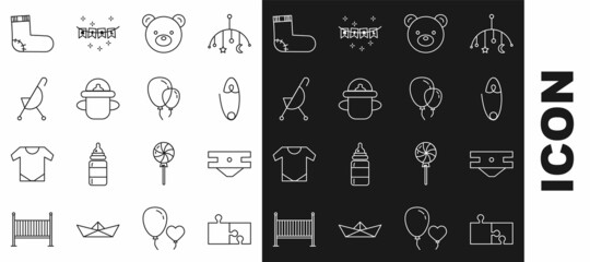 Sticker - Set line Piece of puzzle, Baby absorbent diaper, Classic steel safety pin, Teddy bear plush toy, bottle, stroller, socks clothes and Balloons with ribbon icon. Vector